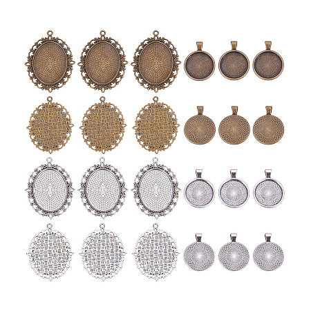 Pandahall Elite 20 PCS 40x30mm Flat Oval Pendants Trays and 20 Pcs 25.5mm Flat Round Bezels, Silver and Bronze, for Crafting DIY Jewelry Making