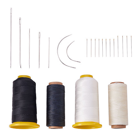 PandaHall Elite 7 Pieces Upholstery Needles with 4 Rolls Waxed Polyester Cord, Nylon Sewing Thread and 12 Pieces Self-threading Pins