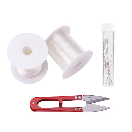 PandaHall Elite 2 Roll (100m/Roll) 0.8mm White Polyester Crystal Thread String Cord with Thread Cutter Scissors, Beading Needle and Plastic Bead Containers for Jewelry Making