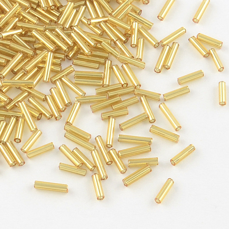 Honeyhandy Glass Bugle Beads, Goldenrod, Silver-Lined, Goldenrod, 6~8x1.8mm, Hole: 0.6mm, about 10000pcs/bag