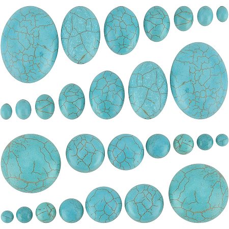 PandaHall Elite 84pcs Synthetic Turquoise Stone Cabochons, 7 Sizes Blue Texture Gemstone Tiles Oval Flat Round Dome Bead Stone Cabochon Tile for Bracelet Necklace Earrings Cameo Jewelry Making, 6~40mm