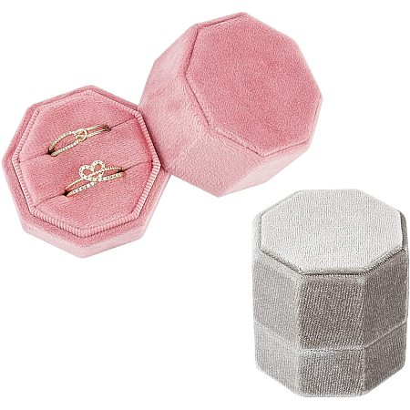 PandaHall Elite Velvet Wedding Rings Box, Octagon Engagement Jewelry Ring Box Double Slots Ring Holder Gift Box with Lid for Proposal, Wedding Photography, Birthday, Ceremony (Grey, Pink)