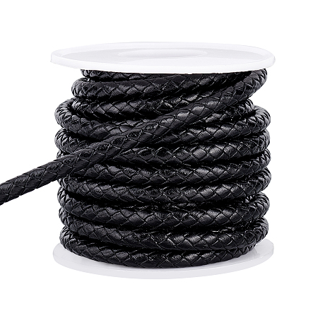 OLYCRAFT 5.5 Yards 5mm Round Braided Genuine Leather String Black Round Folded Braided Round Braided Cord with Spool for DIY Handmade Necklace Bracelet Jewelry Making Crafts Findings