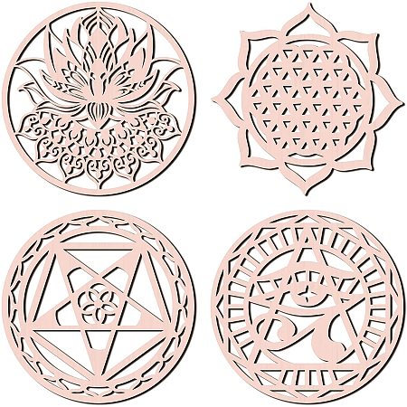 GLOBLELAND 4PCS 12Inch Lotus Stars Sacred Geometry Wall Art Wooden Wall Hanging Decor for Wall Hanging Art Home Decoration
