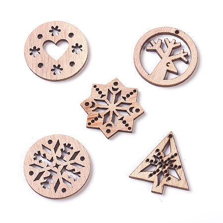 Arricraft Christmas Theme Undyed Wood Pendants, Mixed Shapes, BurlyWood, 29~30x27~30x2.1mm, Hole: 1mm