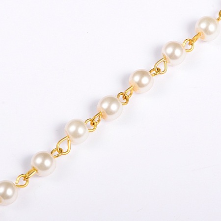 Honeyhandy Handmade Round Glass Pearl Beads Chains for Necklaces Bracelets Making, with Golden Iron Eye Pin, Unwelded, Beige, 39.3 inch, Bead: 6mm