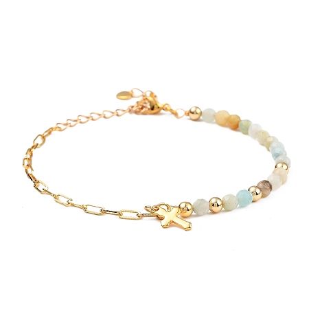 Honeyhandy Charm Bracelets, with Natural Flower Amazonite Beads, 304 Stainless Steel Cross Charms, Brass Paperclip Chains & Round Beads, 7-5/8 inch(19.3cm)