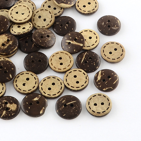 Honeyhandy 2-Hole Flat Round Coconut Buttons, Coconut Brown, 15x3mm, Hole: 2mm