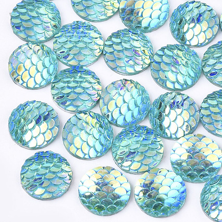Honeyhandy Resin Cabochons, AB-Color, Flat Round with Mermaid Fish Scale, Dark Turquoise, 12x3mm