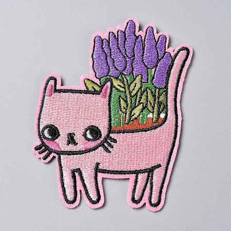 Honeyhandy Computerized Embroidery Cloth Iron on/Sew on Patches, Costume Accessories, Appliques, Cat with Lavender Plant, Colorful, 85x70x1.8mm