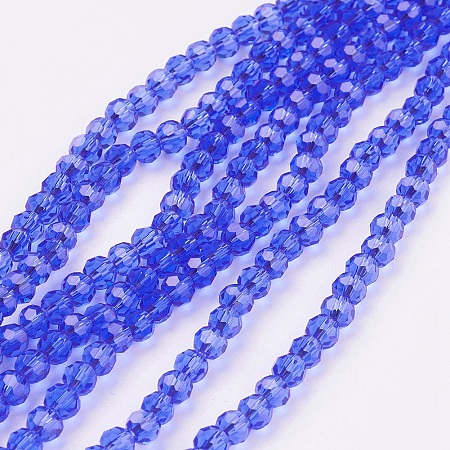 Honeyhandy Faceted Round Glass Beads Strands, Blue, 4mm, Hole: 1mm, about 98pcs/strand, 13.7 inch