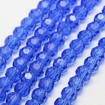 Honeyhandy Glass Beads Strands, Faceted, Round, Blue, 6mm, Hole: 1mm, about 98~100pcs/strand, 21.5 inch