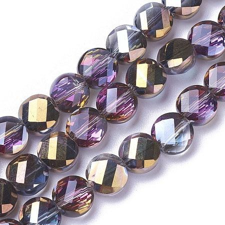 Arricraft Electroplate Glass Beads Strands, Faceted, Flat Round, Half Plated, Golden Plated, 8~8.5x4~4.5mm, Hole: 1mm, about 70~72pcs/strand, 21.2 inch(54cm)