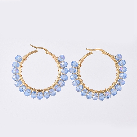 NBEADS Electroplate Glass Faceted Rondelle Hoop Earrings, with 304 Stainless Steel Earring Hoops, LightSkyBlue, 44x45mm, Pin: 0.7x1mm