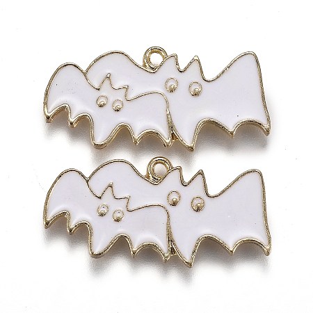 ARRICRAFT Halloween Theme Alloy Enamel Pendants, White Bat, Light Gold, 13x27.5x1.5mm, Hole: 1.6mm