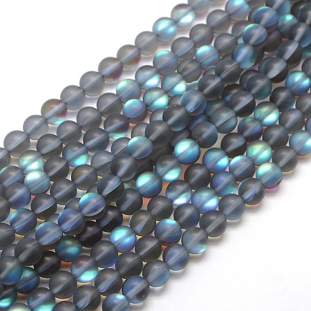 Synthetic Moonstone Beads Strands, Holographic Beads, Half AB Color Plated, Frosted, Round, Gray, 10mm, Hole: 1mm; about 40pcs/strand, 15 inches