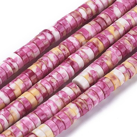 Natural Ore Beads Strands, Heishi Beads, Dyed, Disc/Flat Round , Camellia, 6x2.5~3mm, Hole: 0.8mm; about 147pcs/Strand, 15.43 inches(39.2cm)