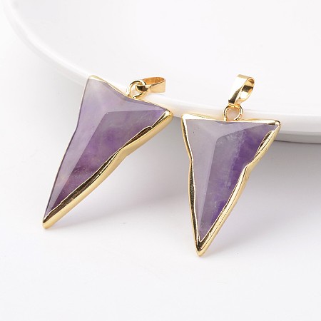 Honeyhandy Natural Amethyst Pendants, Triangle, with Brass Findings, Golden, 30~40x20~31x6~10mm, Hole: 5x7mm