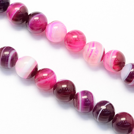 Nbeads Round Natural Striped Agate/Banded Agate Stone Beads Strands, Dyed, MediumVioletRed, 8mm, Hole: 1.5mm; about 48pcs/strand, 15.1
