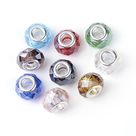Arricraft Glass & Resin European Beads, Large Hole Beads, with Silver Color Brass Core, Rondelle, Mixed Color, 13.5~15.5x8.5~15.5mm, Hole: 4.5mm