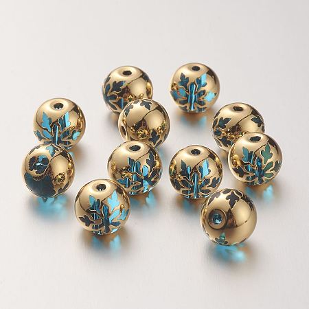 NBEADS K9 Glass Beads, Covered with Brass, Round with Snowflake Pattern, Real 22K Gold Plated, DeepSkyBlue, 10.2x9.2mm, Hole: 1.5mm