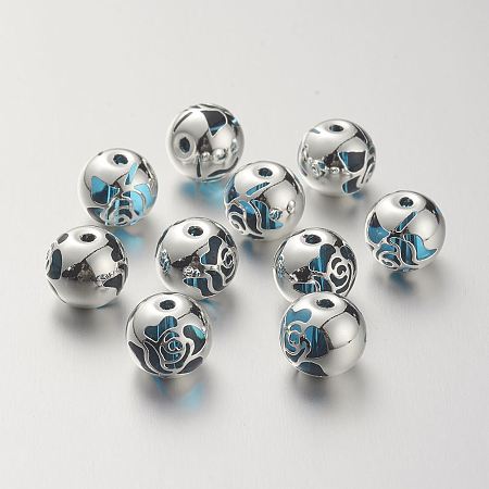 NBEADS K9 Glass Beads, Covered with Brass, Round with Rose Pattern, 925 Sterling Silver Plated, DeepSkyBlue, 10.2x9.2mm, Hole: 1.5mm