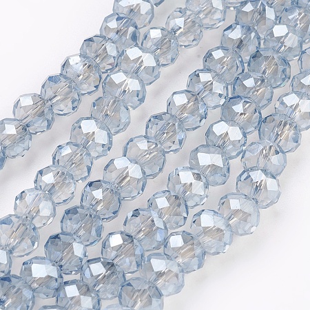Honeyhandy Electroplate Glass Beads Strands, Pearl Luster Plated, Faceted, Rondelle, Light Blue, 6x4~5mm, Hole: 0.8~1mm, about 85~88pcs/strand, 16.1~16.5 inch(41~42cm)
