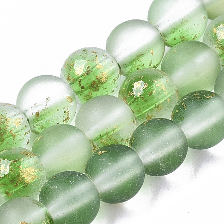 Honeyhandy Frosted Spray Painted Glass Beads Strands, with Golden Foil, Round, Lime Green, 6~7mm, Hole: 1.2~1.5mm, about 65~67pcs/Strand, 14.76 inch~15.12 inch(37.5~38.4cm)