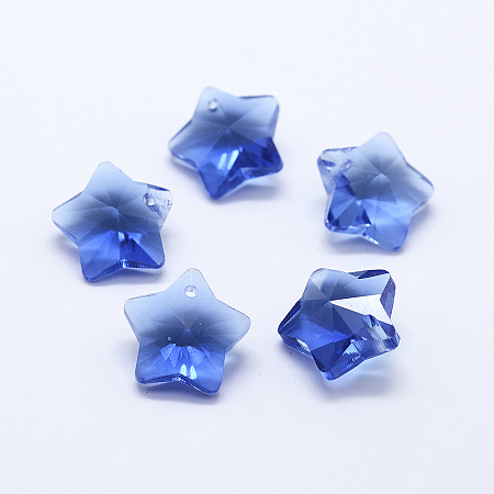Honeyhandy Transparent Glass Pendants, Faceted, Star Charms, Cornflower Blue, 13x13.5x7mm, Hole: 1mm