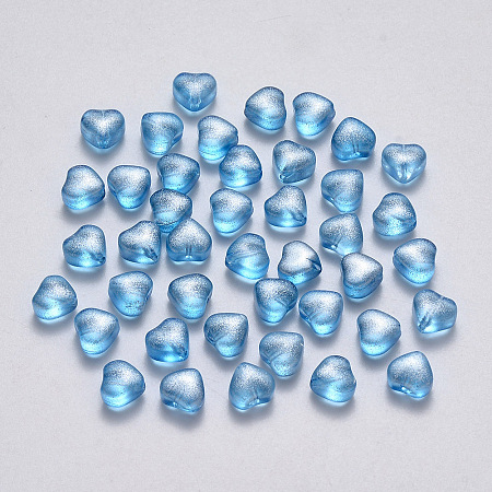 Honeyhandy Transparent Spray Painted Glass Beads, with Glitter Powder, Heart, Deep Sky Blue, 6x6x4mm, Hole: 0.7mm