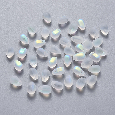 Honeyhandy Transparent Spray Painted Glass Charms, AB Color Plated, Frosted, Teardrop, Clear AB, 9x6x6mm, Hole: 1mm