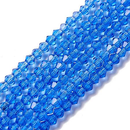 Honeyhandy Imitation Austrian Crystal 5301 Bicone Beads, Faceted Glass Beads Strands, Blue, 3x3~3.5mm, Hole: 0.5mm, about 125~130pcs/strand, 15.5 inch