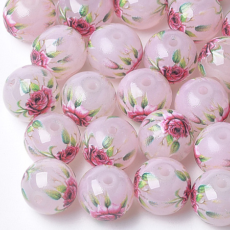 Printed & Spray Painted Imitation Jade Glass Beads, Round with Flower Pattern, Pale Violet Red, 10~10.5x9.5mm, Hole: 1.6mm
