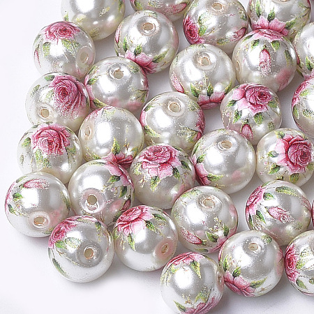 Arricraft Printed & Spray Painted Imitation Pearl Glass Beads, Round with Flower Pattern, WhiteSmoke, 10~10.5x9.5mm, Hole: 1.6mm