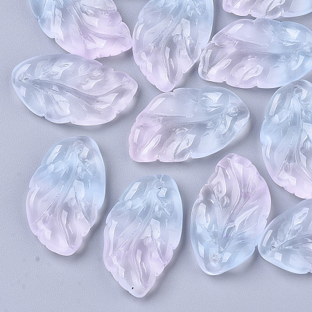 Nbeads Two Tone Transparent Spray Painted Glass Pendants, Leaf, Colorful, 29x17x5mm, Hole: 1.4mm