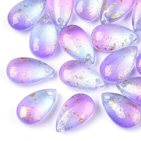 NBEADS Two Tone Transparent Spray Painted Glass Charms, with Glitter Powder, Frosted, Teardrop, MediumOrchid, 14.5x8.5x5.5mm, Hole: 1mm