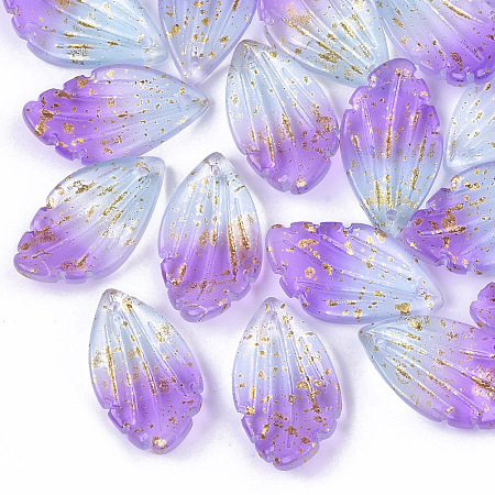 Honeyhandy Two Tone Transparent Spray Painted Glass Pendants, with Glitter Powder, Frosted, Leaf, Dark Orchid, 22.5x12.5x4.5mm, Hole: 1mm