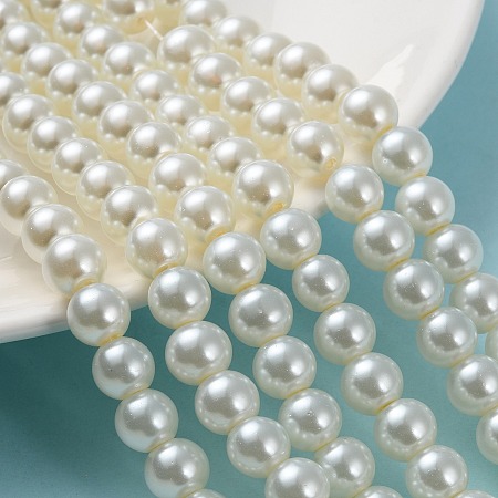 Baking Painted Pearlized Glass Pearl Round Bead Strands, Light Yellow, 8~9mm, Hole: 1mm, about 105pcs/strand, 31.4 inch