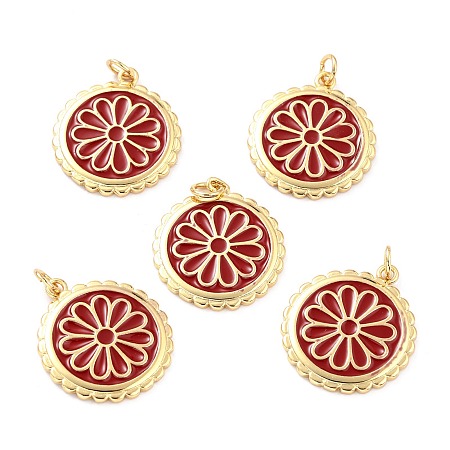 ARRICRAFT Real 18K Gold Plated Brass Pendants, with Enamel, Long-Lasting Plated, Flat Round with Flower, Red, 22.5x19.5x2mm, Jump Ring: 5x1mm, 3mm Inner Diameter