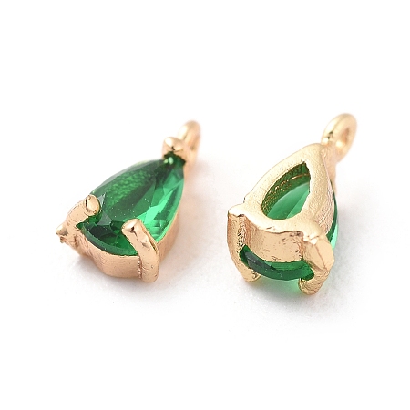 Honeyhandy Brass Cubic Zirconia Charms, Nickel Free, Real 18K Gold Plated, teardrop, Green, 7x4x3mm, Hole: 1mm