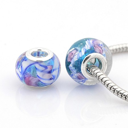 Honeyhandy Handmade Lampwork European Large Hole Rondelle Beads, Inner Flower, with Silver Color Plated Brass Double Cores, Colorful, 14x10mm, Hole: 5mm