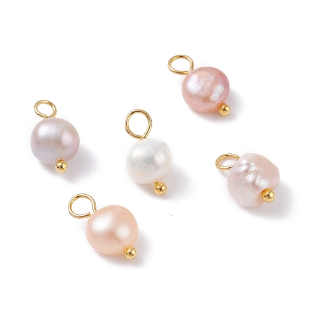 Honeyhandy Natural Cultured Freshwater Pearl Charms, with Golden Brass Ball Head pins, Oval, Seashell Color, 10~12x5.5~7x4.5~6mm, Hole: 2.4~2.7mm