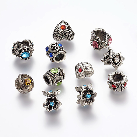 ARRICRAFT Alloy Rhinestone European Beads, Large Hole Beads, Antique Silver Color, Size: about 6~12mm long, round: 4~5mm in diameter