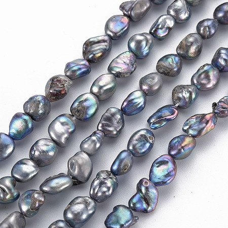 Natural Keshi Pearl Beads Strands, Cultured Freshwater Pearl, Dyed, Nuggets, Steel Blue, 7~15x6~9x2~8mm, Hole: 0.5mm, about 40~46pcs/strand, 14.96~15.35 inch(38~39cm)