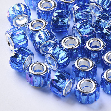 ARRICRAFT Transparent Resin European Beads, Large Hole Beads, with Silver Color Plated Double Brass Cores, Faceted, AB Color Plated, Column, Blue, 11.5x8mm, Hole: 5mm