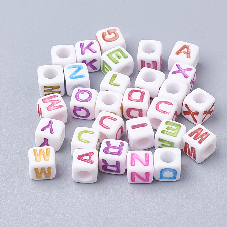 Arricraft Large Hole Colorful Acrylic Letter European Beads, Cube with Letter, Mixed, 7x7x7mm, Hole: 4mm