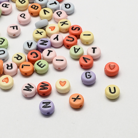 Honeyhandy Colorful Acrylic Horizontal Hole Letter Beads, Flat Round with Letter, Mixed Color, 7x4mm, Hole: 1.3mm