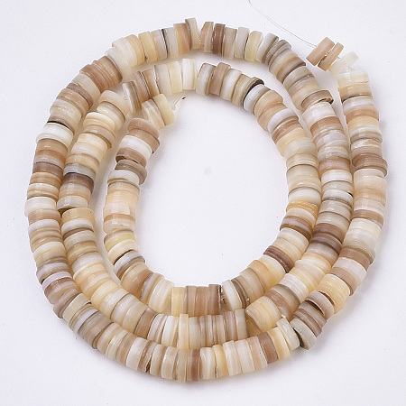 ARRICRAFT Natural Freshwater Shell Beads Strands, Disc/Flat Round, Heishi Beads, Shell Shards, Wheat, 5x0.5~3mm, Hole: 0.9mm, 14.88 inches(37.8cm)~15.19 inches(38.6cm), about 204~209pcs/Strand