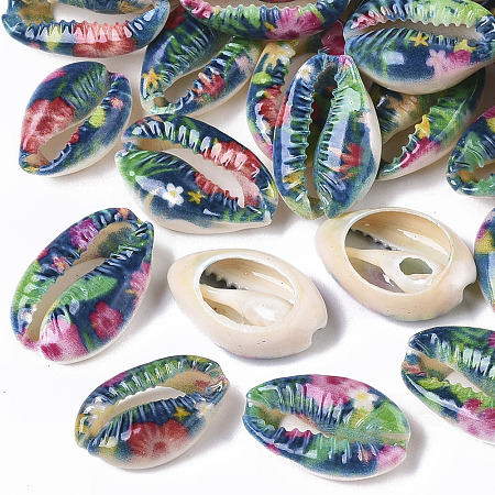 Honeyhandy Printed Natural Cowrie Shell Beads, No Hole/Undrilled, with Flower Pattern, Green, 18~21x12~15x7mm