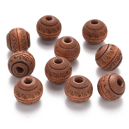 Honeyhandy Painted Natural Wood Beads, Laser Engraved Pattern, Round with Leave Pattern, Peru, 10x9mm, Hole: 2.5mm
